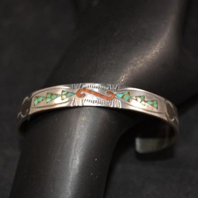 Vintage Sterling Cuff Bracelet with Turquoise and Coral 14.2g
