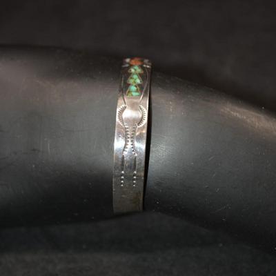 Vintage Sterling Cuff Bracelet with Turquoise and Coral 14.2g