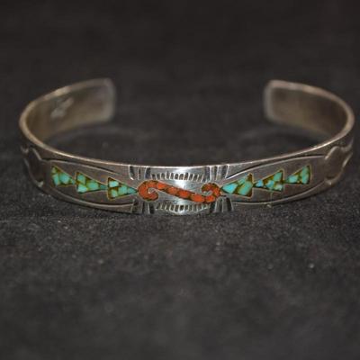 Vintage Sterling Cuff Bracelet with Turquoise and Coral 14.2g