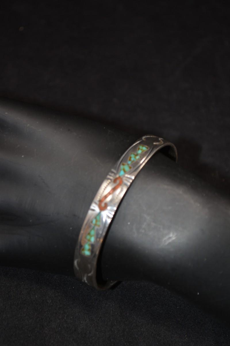 Vintage Sterling Cuff Bracelet with Turquoise and Coral 14.2g