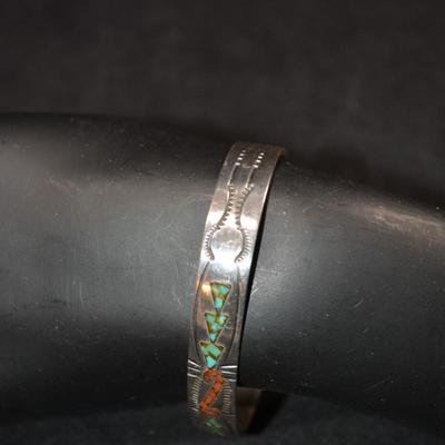 Vintage Sterling Cuff Bracelet with Turquoise and Coral 14.2g