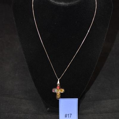 925 Sterling Box Chain w/ 925 Resin Flower Cross Pendant 18" 4.6g