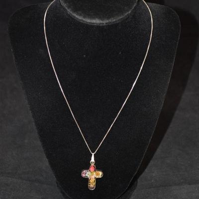 925 Sterling Box Chain w/ 925 Resin Flower Cross Pendant 18" 4.6g