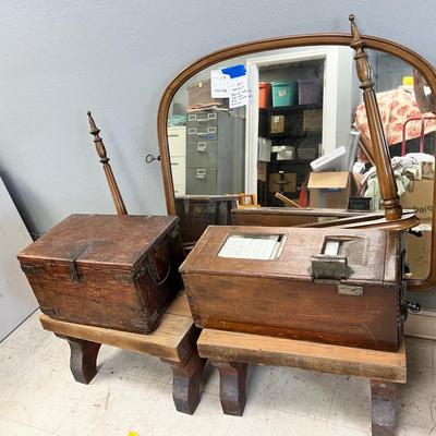 Antique French Cash register, Dresser mirror, wooden box