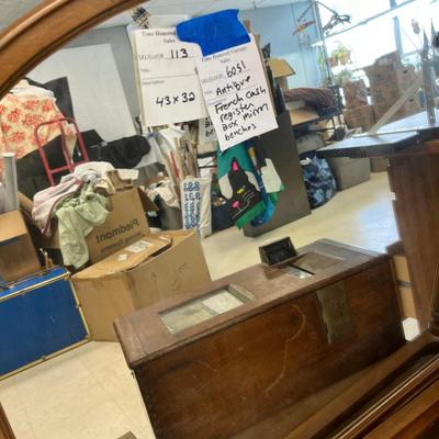 Antique French Cash register, Dresser mirror, wooden box