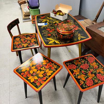 Beautiful Russian table stools, bowl, spoons