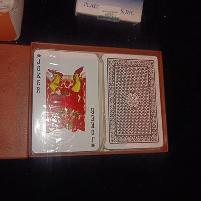 WOODEN DOMINOS W/NEW AND USED DECKS OF CARDS