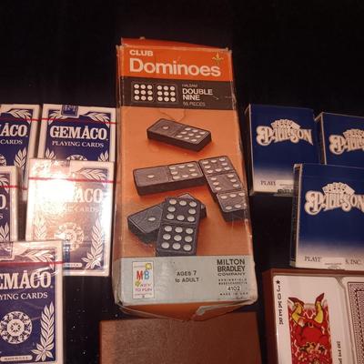 WOODEN DOMINOS W/NEW AND USED DECKS OF CARDS