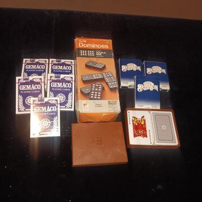WOODEN DOMINOS W/NEW AND USED DECKS OF CARDS