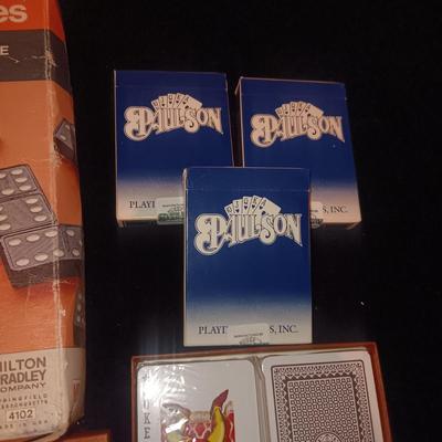 WOODEN DOMINOS W/NEW AND USED DECKS OF CARDS