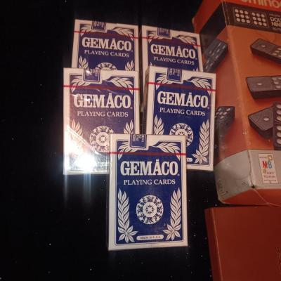 WOODEN DOMINOS W/NEW AND USED DECKS OF CARDS