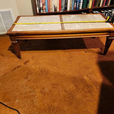 Vintage 1970s Coffee Table 44 by 18 marble and wood, damage to marble