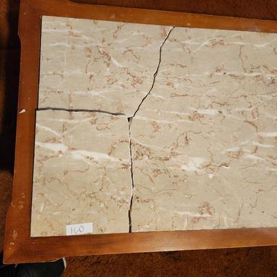 Vintage 1970s Coffee Table 44 by 18 marble and wood, damage to marble