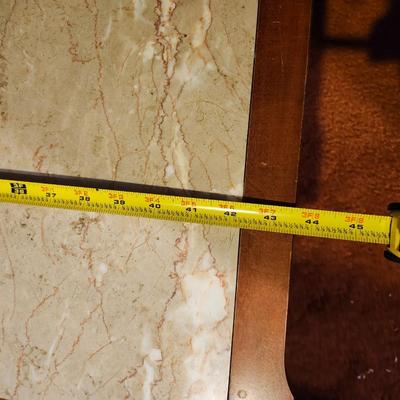 Vintage 1970s Coffee Table 44 by 18 marble and wood, damage to marble