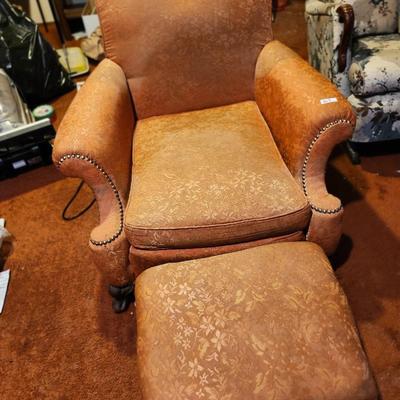 Mid-Century Modern Upholstered chair and ottoman Wooden Based With Metal Embellishments