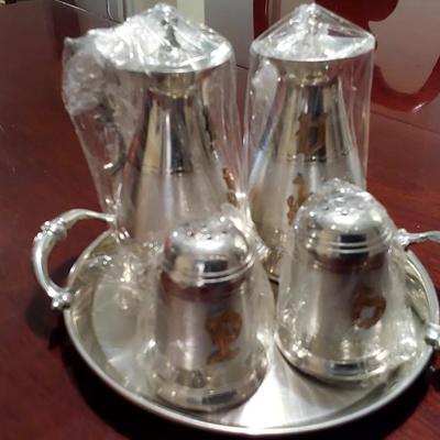 Vintage Silver Pewter Serving Set plus wine caddy and stopper