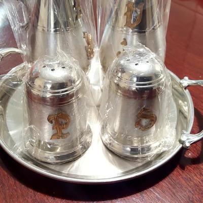 Vintage Silver Pewter Serving Set plus wine caddy and stopper