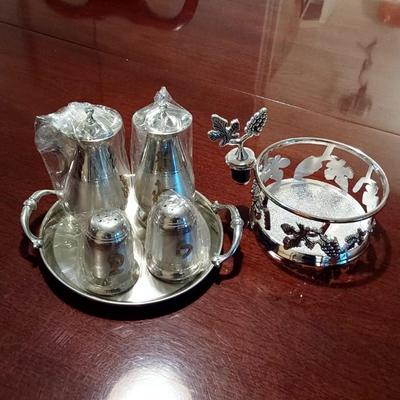 Vintage Silver Pewter Serving Set plus wine caddy and stopper