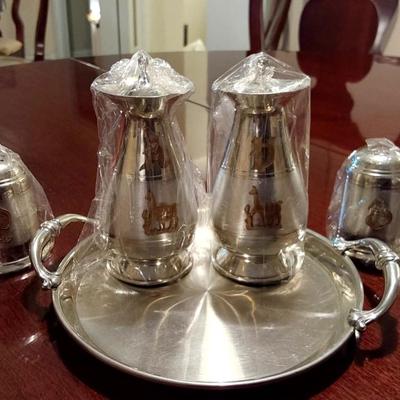 Vintage Silver Pewter Serving Set plus wine caddy and stopper