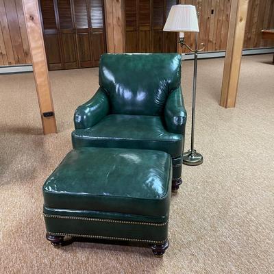 LOT 47B: Beautiful Hickory Chair Co. Green Leather Chair, Ottoman & Brass Floor Lamp