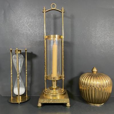LOT 69B: Vintage Brass Home Decor Collection - Mid-Century Solid Brass Fluted Lidded Cachepot, Hour Glass & Lantern