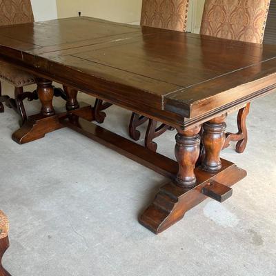 Solid Wood Trestle Table & Six (6) Upholstered Nail Head Trim Chairs ~ *Read Details