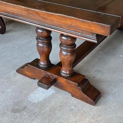 Solid Wood Trestle Table & Six (6) Upholstered Nail Head Trim Chairs ~ *Read Details