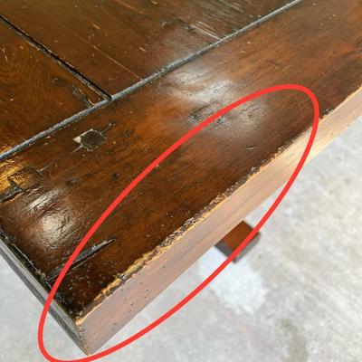 Solid Wood Trestle Table & Six (6) Upholstered Nail Head Trim Chairs ~ *Read Details
