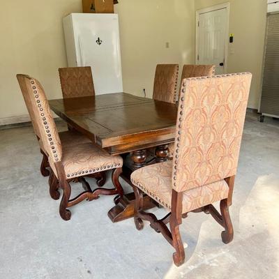 Solid Wood Trestle Table & Six (6) Upholstered Nail Head Trim Chairs ~ *Read Details