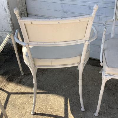 1098 Hollywood Regency Cast Aluminum Chairs with Glass Top Endtables