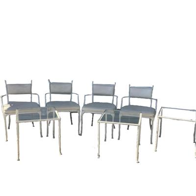 1098 Hollywood Regency Cast Aluminum Chairs with Glass Top Endtables