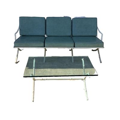 1099 Hollywood Regency Cast Aluminum Sofa with Glass Top Table