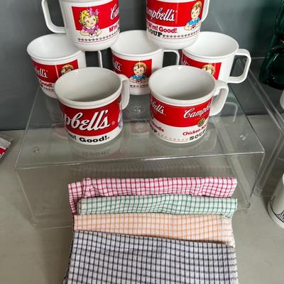 37- Campbells soup mugs & kitchen towels