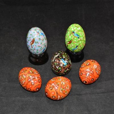 Lot of Painted Wooden Eggs w/ 2 Stands