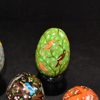 Lot of Painted Wooden Eggs w/ 2 Stands