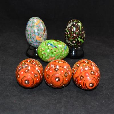 Lot of Painted Wooden Eggs w/ 2 Stands