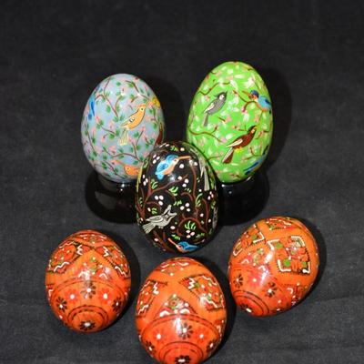 Lot of Painted Wooden Eggs w/ 2 Stands