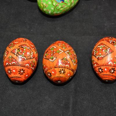 Lot of Painted Wooden Eggs w/ 2 Stands