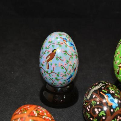 Lot of Painted Wooden Eggs w/ 2 Stands