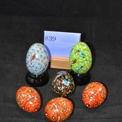 Lot of Painted Wooden Eggs w/ 2 Stands