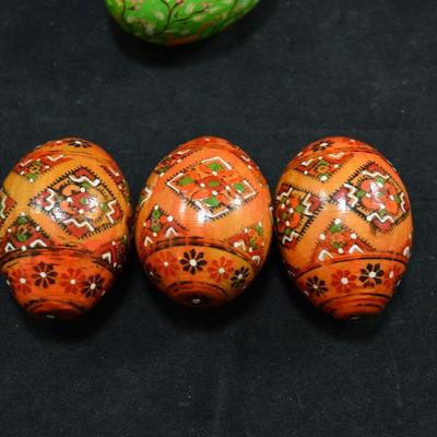 Lot of Painted Wooden Eggs w/ 2 Stands