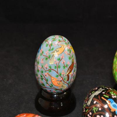 Lot of Painted Wooden Eggs w/ 2 Stands