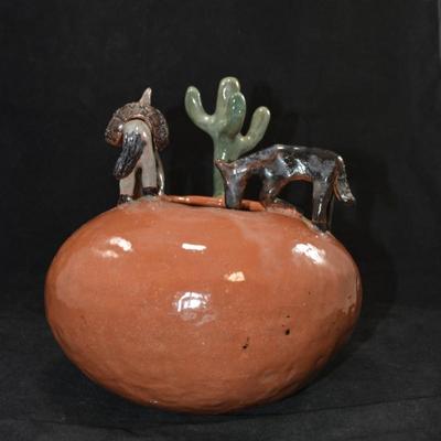 Original Ceramic ‘Watering Hole’ Southwestern Art Bowl 8”x8”x8”