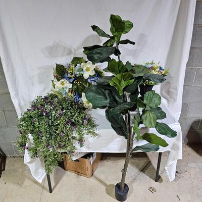 Assortment of Decorative Spring Foliage: Fiddle Leaf Fig, Hanging Basket, & More (B1-JS)