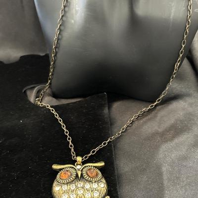 Bronze tone owl rhinestone necklace