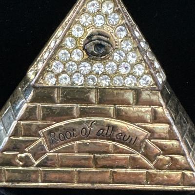 Thick chunky gold toned layer chain with root of all evil pyramid pendant