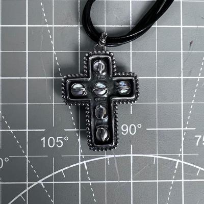 Pearl and Sterling Cross on a leather Necklace with a 14K Clasp 