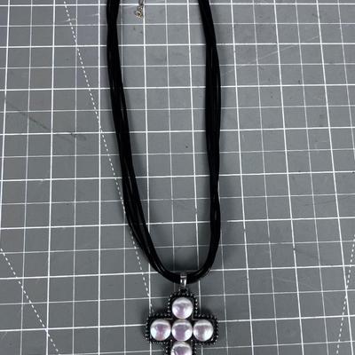 Pearl and Sterling Cross on a leather Necklace with a 14K Clasp 
