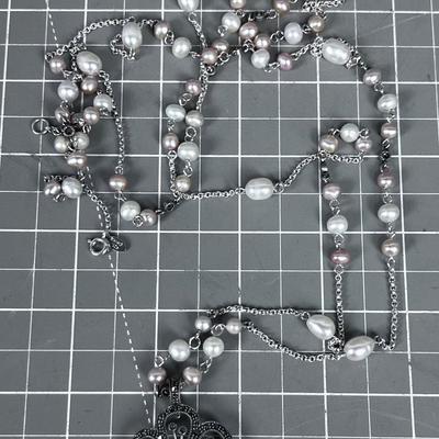Pink Pearl and Marcasite Chain Necklace 