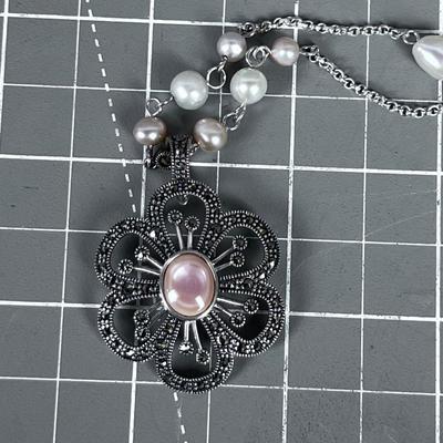 Pink Pearl and Marcasite Chain Necklace 